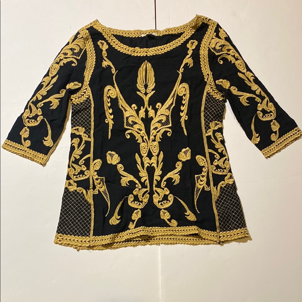 Embellished Black and Gold 3/4 Sleeve Blouse